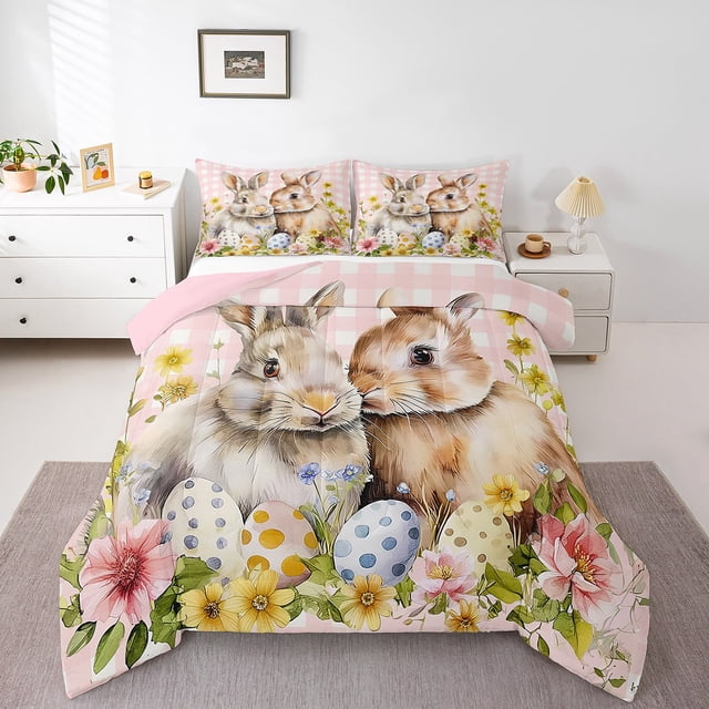 Erosebridal Happy Easter Comforter Sets Queen Size for Girls,Rabbit Eggs Flower Bedding Queen Comforter Set,Animal Bedroom Decor,Reversible,Ultra Soft,3 Pieces