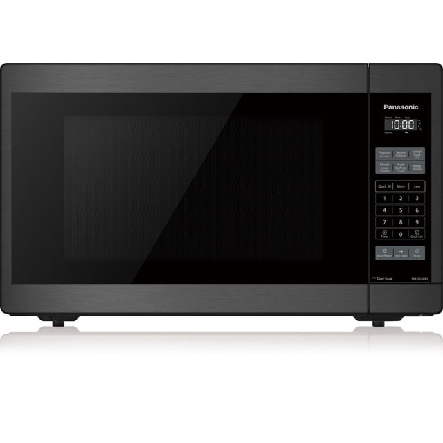 Panasonic NNSC688SC Genius Mid Size 1200W Inverter Microwave Oven with black stainless steel finish, front-facing view showing a large door with tinted window and a control panel on the right featuring a white LCD display, numeric keypad, and buttons for 7 auto cook menus, sensor reheat, auto defrost, and child lock, suitable as a countertop microwave for efficient family cooking.