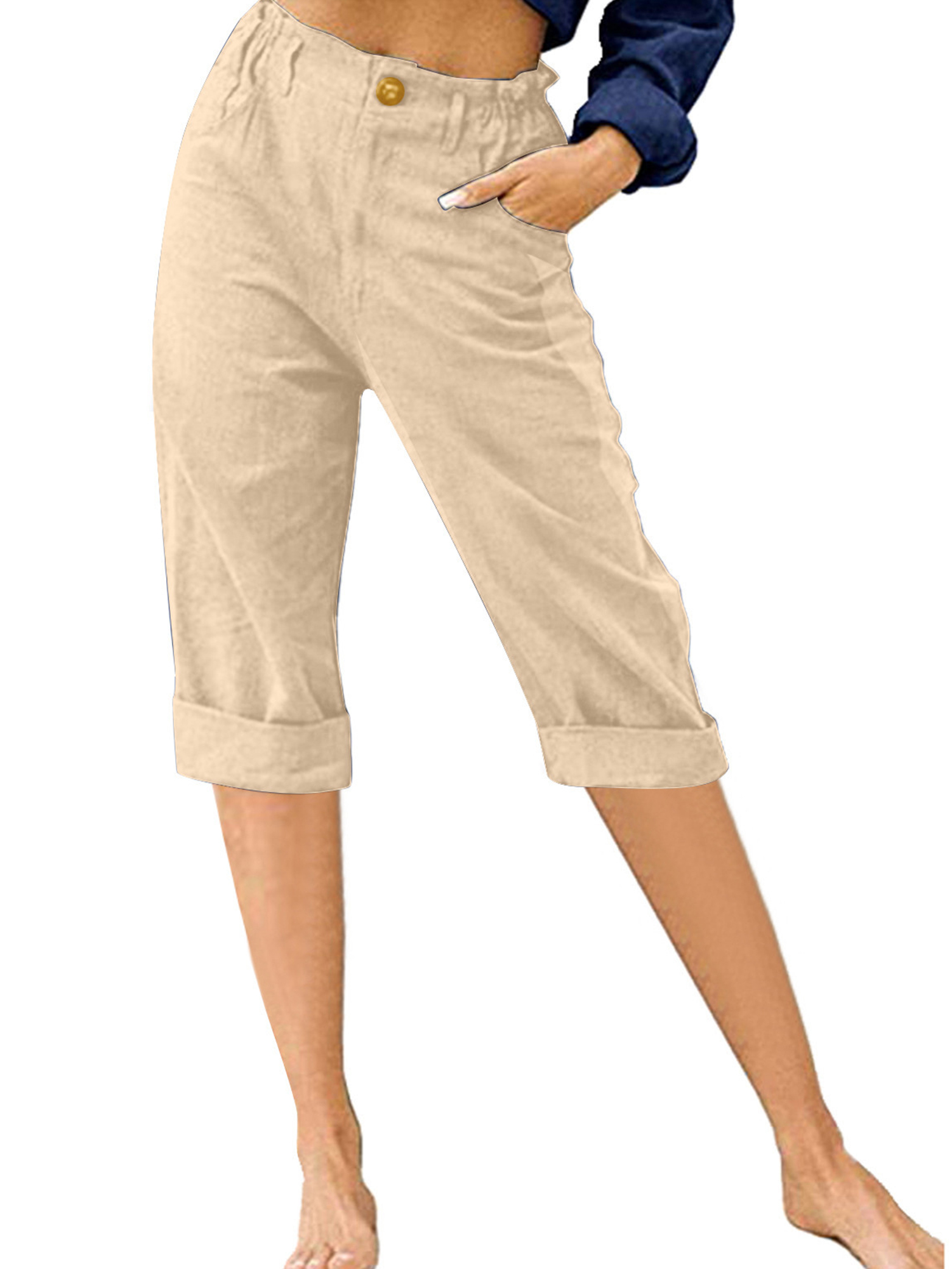Innerwin Cropped Pant High Waist Women Capri Pants Beach Button Lounge Capris Apricot XL