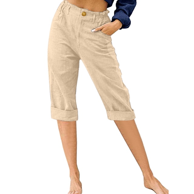Innerwin Cropped Pant High Waist Women Capri Pants in Apricot, size XL. These capri pants feature a high waist, solid color, and a loose, casual fit with rolled hems and a button closure. Made from 95% linen and 5% spandex, they are soft, breathable, and comfortable. Designed with pockets, they are suitable for casual, vacation, or beachwear.