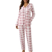 2025 Women Pajama Sets Women Casual Lapel Button Short Sleeve Sleepwear for Women Plaid Print Two Piece Pajamas Tops Women Long Sleeve Pajamas Capri Pajamas for