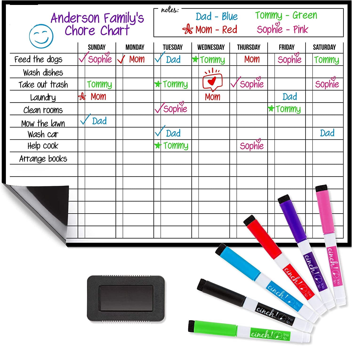 Magnetic Black Dry Erase Chore Chart for Multiple Kids and Adults: Fridge 17x12" - Daily Responsibility Rewards Black Board for Toddlers or Teenagers-White