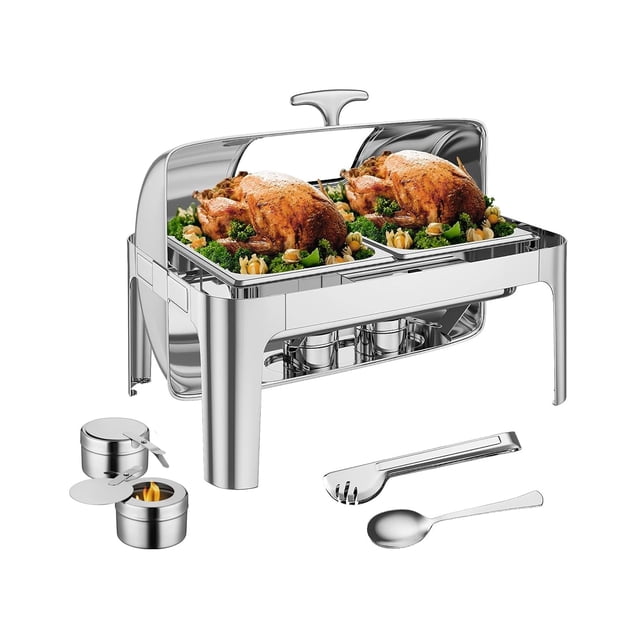 Plat Anti-Frottement Rectangulaire à Dessus Roulé, Plat de Service pour Buffet en Acier Inoxydable de 9 Qt
