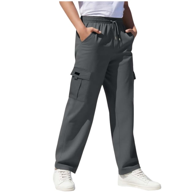 Children's Solid Color Stretch-Belt Work Pants with Pockets, Medium Size Casual Baggy Pants, Adult Version