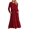 thumbnail image 1 of Liquidation! Hontri Robes pour Femmes 2024 Robe à Col Rond Plissée Unie à Manches Longues Évasée Décontractée Robes pour Femmes Rouge,P, 1 of 4