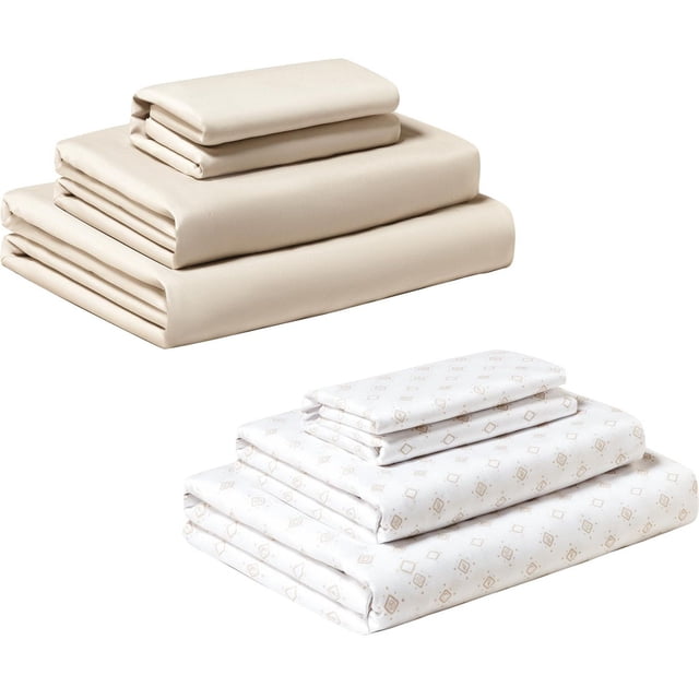 Mainstays Ensemble de Draps 2 Pcs Diamants Mystiques, Lit Simple - Rentrée des Classes avec Deux Ensembles de Draps Pliés : un beige Uni et un Blanc avec Motifs de Diamants beige, Fait de Microfibre Brossée avec Draps-Housses à Poche Profonde pour Matelas jusqu'à 14 Pouces, Résistant aux Plis et Lavable à la machine.