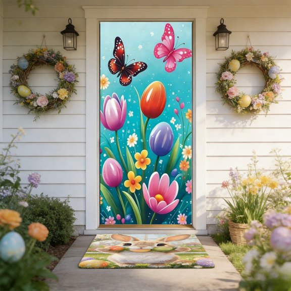 Easter Day Door Cover or Door Curtain | Decorative Holiday Door Décor | Festival Party Decoration for Front Door, Wall, or Tablecloth | Polyester Fabric with Rope and Adhesive Tape