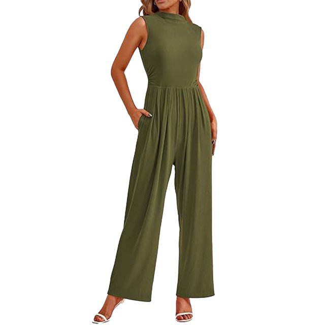YTDSCS Womens Sleeveless Jumpsuits Summer One Piece Wide-Leg Pants Women's Solid Color Rompers with Pocket S-2XL