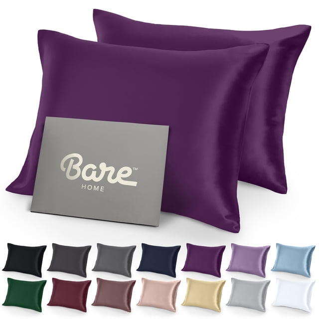 Bare Home Satin Pillowcase Set - Luxury Pillowcases - Soft and Smooth - Breathable - Envelope Closure - Standard, Plum