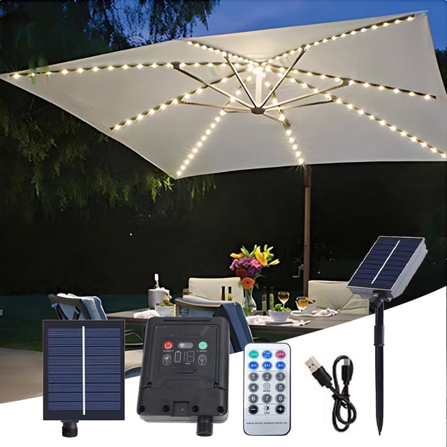 Lampe Parasol à Pince Solaire avec Télécommande / Lampe de Patio à Énergie Solaire et Rechargeable par Usb / 8 Modes d'Éclairage et 4 Réglages de Luminosité