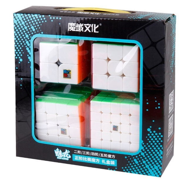 2x2 3x3 4x4 5x5 Cube Toy Set Puzzle Magic Cube featuring a set of four multicolored puzzle cubes in varying sizes, made from durable ABS material. The cubes are packaged in a gift box with a black and blue design, showcasing the cubes through a clear window. Suitable for casual play, brain development, and professional training.