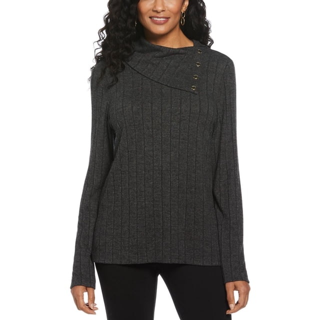 Rafaella Women's Long Sleeve Top with Rivet Neck Trim