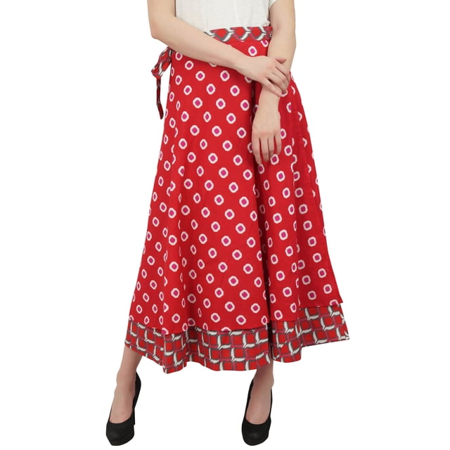 Phagun Jupe Portefeuille Réversible d'Été en Coton Imprimé Ikat Rouge à Double Couche