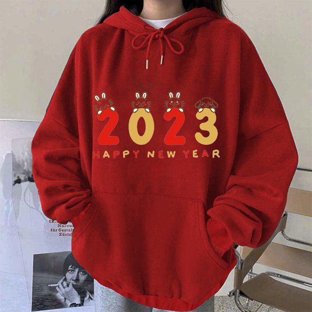 Liquidation d'Hiver pour Femmes Mode Décontractée Nouvel An Blouse Imprimée à Manches Longues avec Poche Chandail à Enfiler Hauts Chandails à Capuchon Tenues d'Hiver pour Femmes 2023 en Liquidation