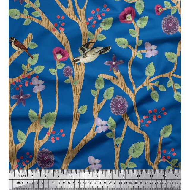 Soimoi Silk Fabric Dry Tree,Leaves & Flower Panel Print Sewing Fabric Yard 42 Inch Wide