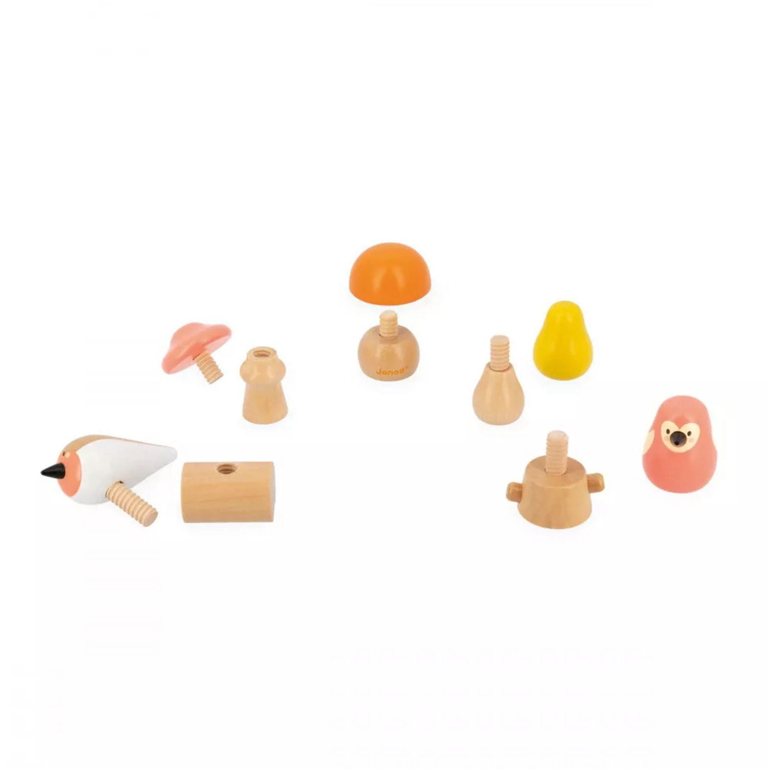 Janod - Oiseaux et Champignons à Visser - Jouet de Construction et d'Empilage - Jeu de Manipulation et de Préhension - Bois - Éveil Précoce - Pour Bébés et Tout-Petits - Dès 18 Mois - J08643