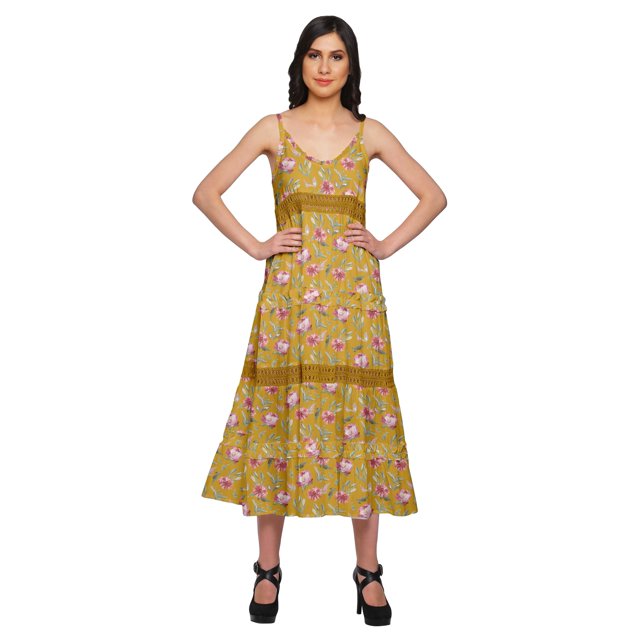 Moomaya V-Neck Spaghetti Strap Sleeveless Flair Dress Printed Summer Clothing