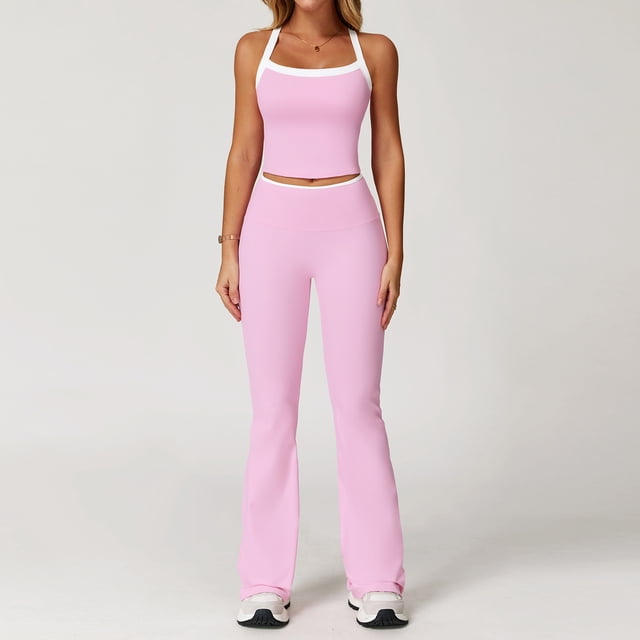 AEXTO Two Piece Color Block Womens Workout Sets Cross Back Tank Top Matching High Waist Wide Leg Leggings Sets Gym Outfits Activewear