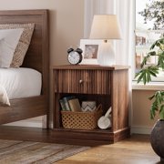 BeesClover Fluted Nightstand, Natural Wood Bedside Table with Drawer, Farmhouse End Table and Storage Cabinet for Bedroom or Living Room