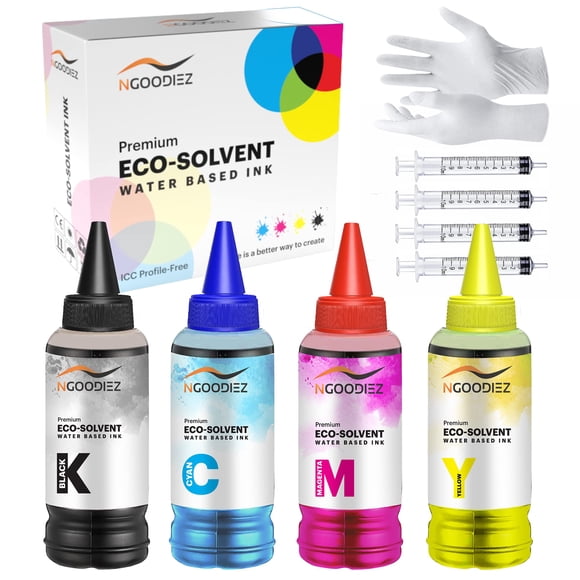 NGOODIEZ Eco Solvent Ink - Water Based Printer Ink, Fast Drying Refill Ink Bottle for Epson EcoTank, & WF Series Printers - Ideal for HTV, Vinyl Stickers, Decals, T-shirts, Mugs (1B/1C/1Y/1M, 400ml)