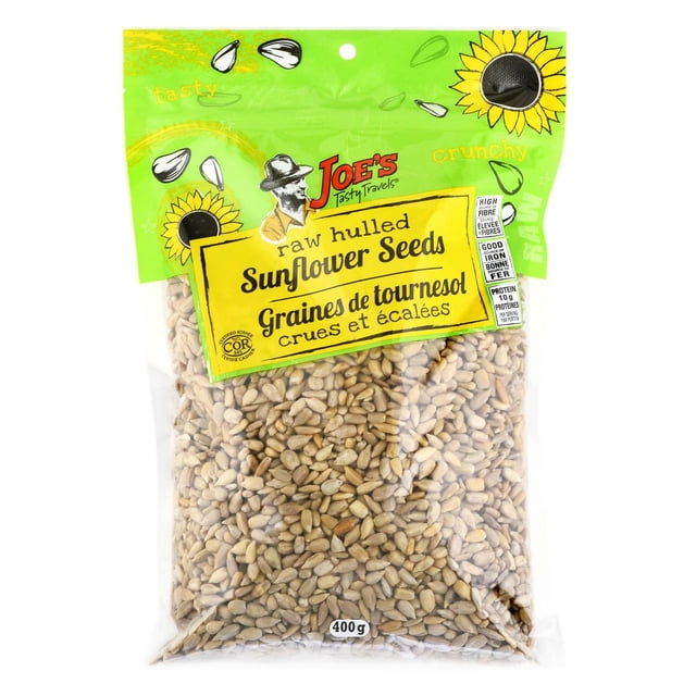 Raw hulled sunflower seeds in a 400g clear resealable bag from Joe's Tasty Travels, featuring a green and yellow label with sunflower illustrations and nutrition information including high fibre, good source of iron, and 10g protein per serving, ideal for a healthy snack.