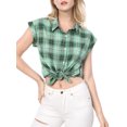 thumbnail image 3 of INSPIRE CHIC Chemise à Carreaux pour Femme à Col Pointu, Manches Courtes à Revers, Boutonnée, Verte, m, 3 of 6