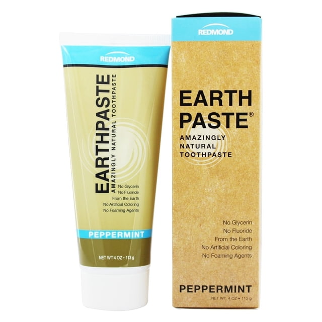 Redmond Trading Earthpaste Amazingly Natural Toothpaste Peppermint, 4 oz tube displayed next to its cardboard packaging. The toothpaste features a multicolour design with blue accents and highlights its natural ingredients, including no glycerin, fluoride, artificial coloring, or foaming agents. Ideal for oral care and fresh breath.