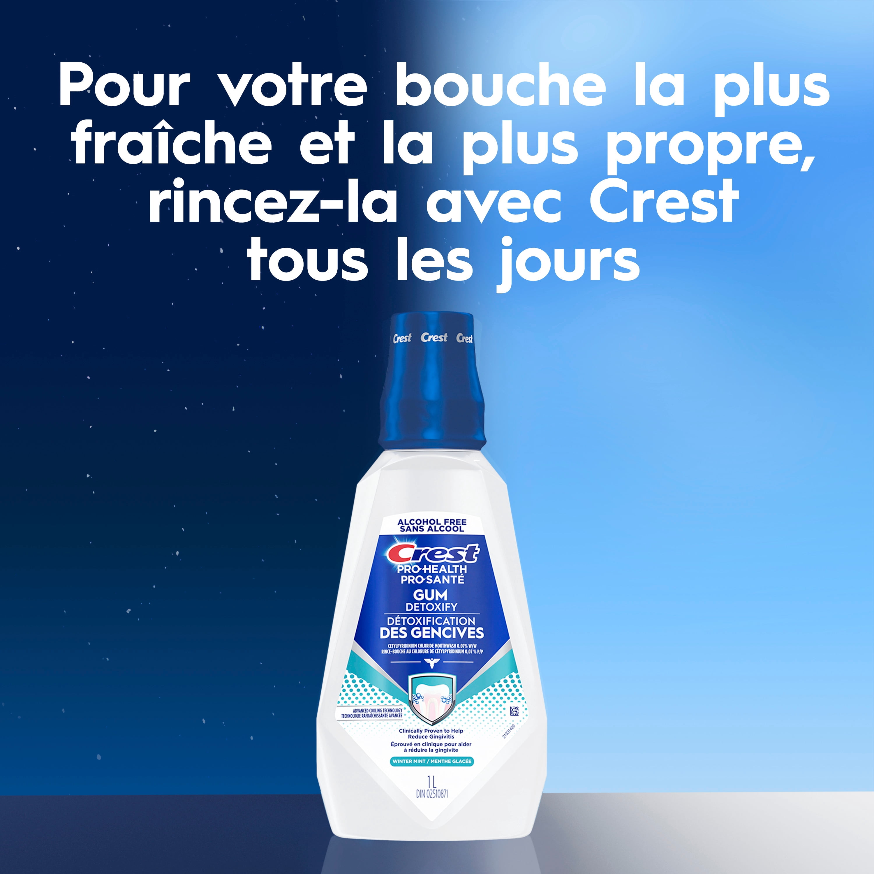 Rince-bouche Crest Pro-Santé Détoxification des gencives, antigingivite et antiplaque, neutralise la plaque, sans alcool, menthe d’hiver, 1 L