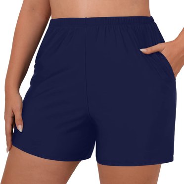 WTXUE Bikini Bottoms for Women, 5 Inch Swim Trunks, Women Plus Size Swim Briefs Beach Shorts Ruched High Cut Swim Full Coverage Swimsuit Sports, High Waisted, Dark Blue+XXL