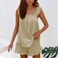 thumbnail image 1 of Liquidation & Promo, Mode Femme Col Rond, Manches Courtes Unies Décontractées, Ensembles de Shorts de Sortie, Ajustement Confortable, Tenue Polyvalente, Usage Quotidien, Ceinture Élastique, Tissu Extensible/coton, Kaki, 1 of 8