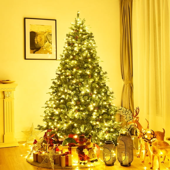 Costway Sapin de Noël Artificiel de 2,13 m (7 Pi) Préilluminé, Articulé et Doté de 460 Lumières DEL Blanc Chaud