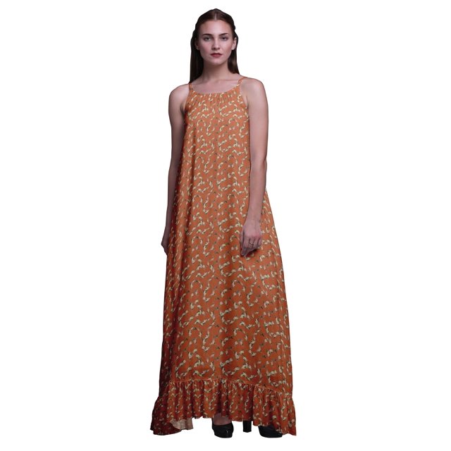 Bimba Nuisette Orange Moyenne à Roses Florales et Renoncules pour Femmes, Imprimée, Bretelles Spaghetti, Robe Maxi, Vêtement de Nuit, Moyen