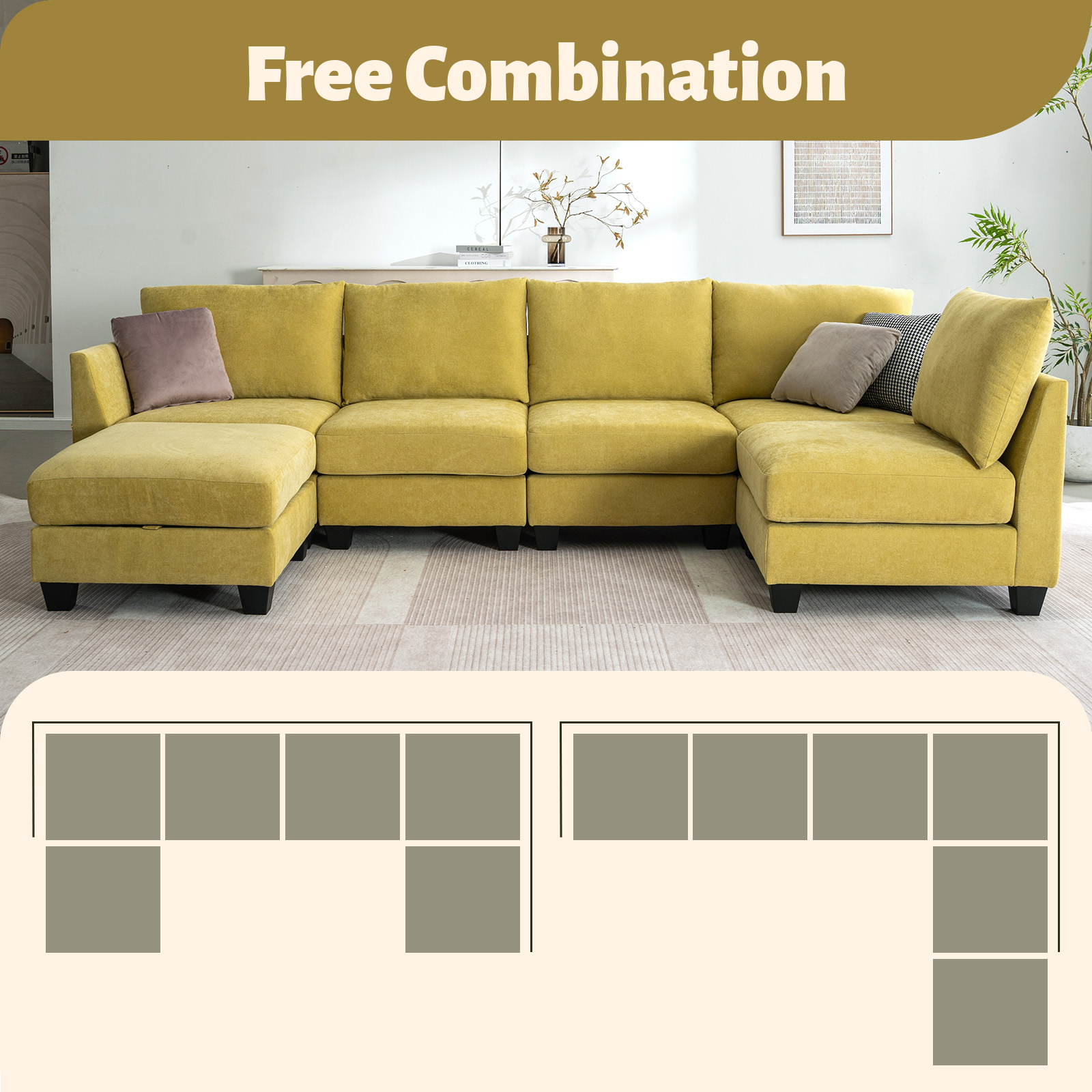 Canapé d'angle modulaire en forme de U 315 cm, 6 places, avec pouf de rangement et ports USB, jaune