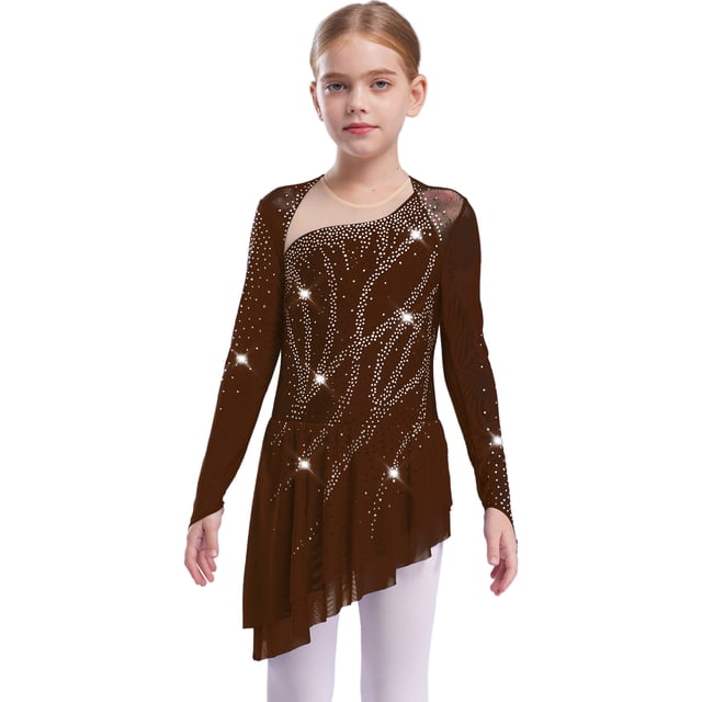 RUNQHUI Robe de Patinage Artistique à Manches Longues pour Filles, Dos Nu Brillant, Danse Lyrique Moderne, Marron 6