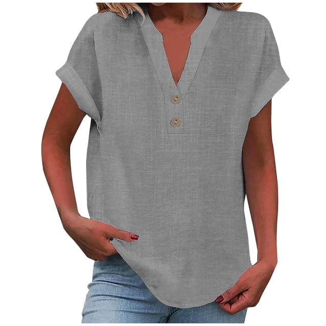 RKSTN Womens Summer Tops Fashion Cotton and Linen Buttons Going out Tops Basic Solid Color Shirts V-Neck Short Sleeve Loose Fit Pullover Tops