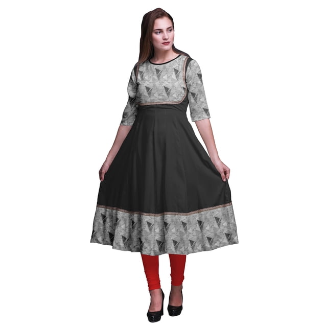 Bimba Kurtis Indiennes Imprimées Triangle à Facettes Géométriques Gris Pâle pour Femmes Anarkali Kurti Maxi Robe Décontractée Grande