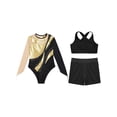thumbnail image 3 of Zaldita Kids Girls Gymnastics Leotards Shiny Rhinestones Mesh Back Keyhole Unitards Jumpsuits with Crop Tops Shorts Gold 16, 3 of 5