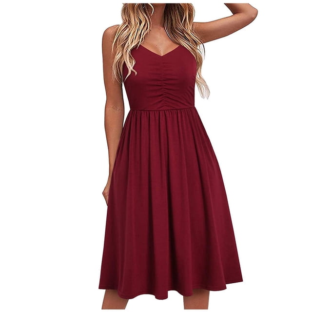 Pisexur Robes pour Femmes en Coton et Lin Couleur Unie Col en V Robe Midi Bretelles Spaghetti Robe Mini Été Décontractée Tunique Robes d'Été Sans Manches Plissée Longueur Genou Robe Mode Fluide Robes de Plage
