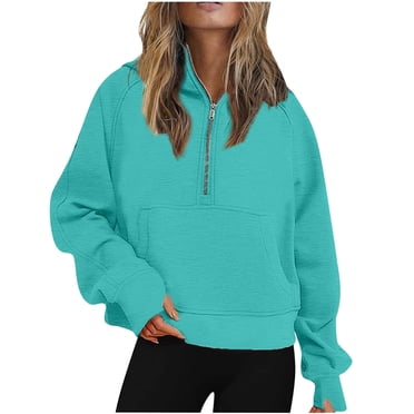 Jsaierl Womens Quarter Zip Short Hoodies Pullover Fall Winter Fleece Soft Sweatshirts with Pockets Daily Athletic Sport Tops