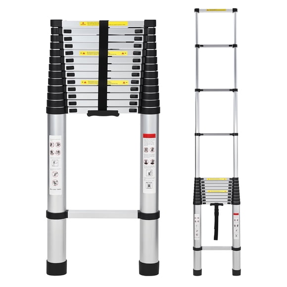 12.5ft/15.5ft/20.5ft Aluminum Telescoping Ladder, Extension Ladder with Safety Lock, Collapsible Ladder for Home Work RV Outdoor Silver