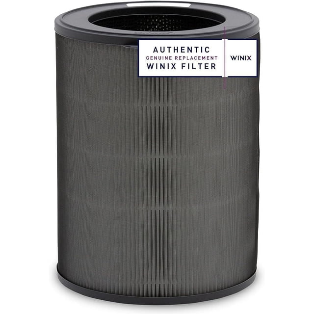 Genuine WINIX 1712-0118-00 True HEPA Plus Replacement Filter R, cylindrical black pleated air purifier filter with fine mesh pre-filter, compatible with Winix T810 and T830 models, capturing 99.99% of airborne allergens and reducing odors, recommended for yearly replacement.