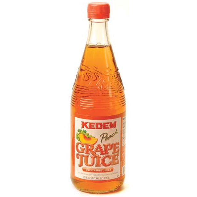Kedem 100% Kosher Grape Juice, Peach Flavored, 22 fl. oz. clear glass bottle with embossed grape clusters and orange cap, labeled with peaches and bold text, kosher for Passover and Jewish occasions, made from concord grapes.