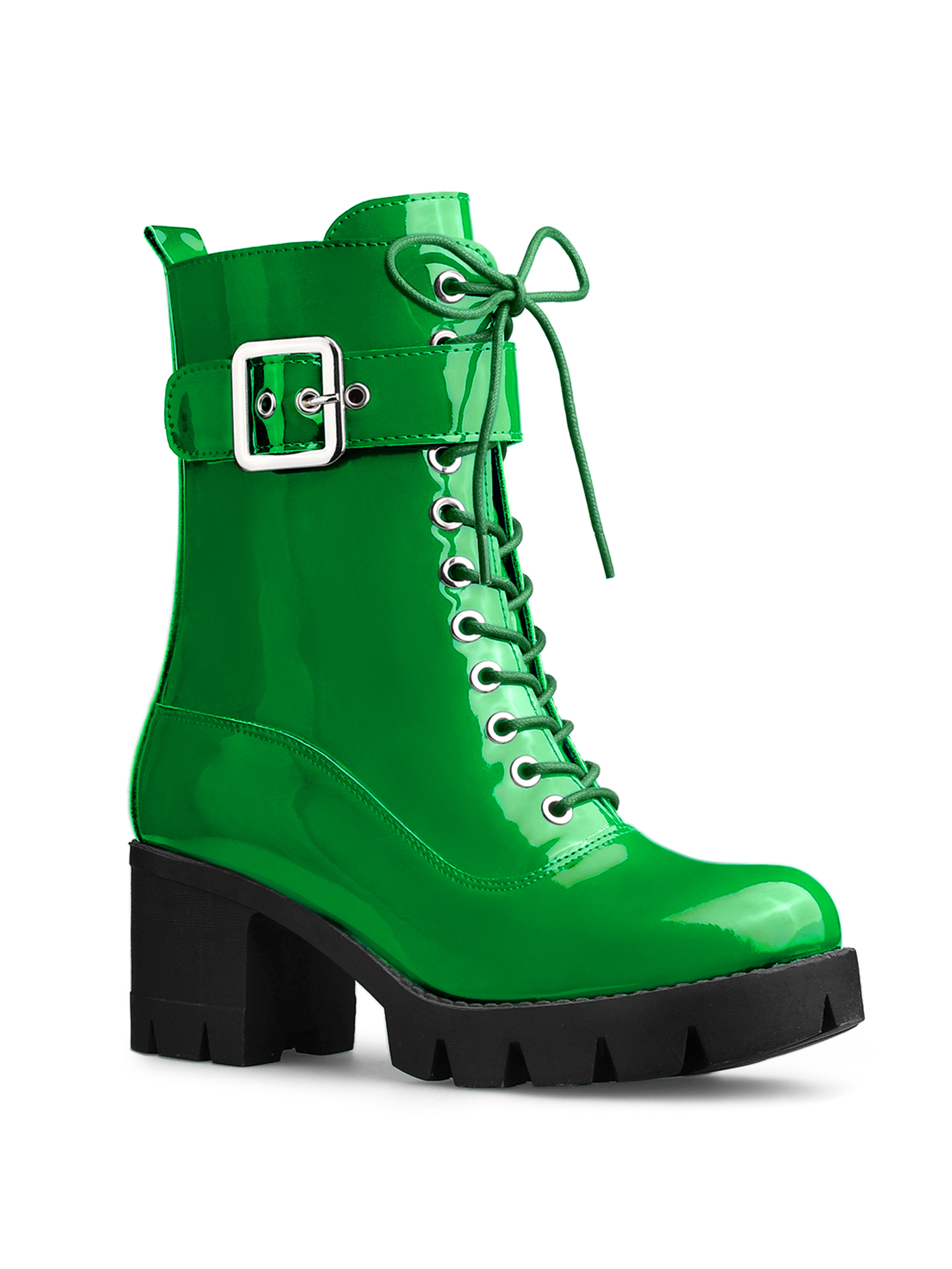 Unique Bargains Bottes de Combat à Plateforme à Talon Épais à Fermeture Éclair pour Femme Vert (Taille 7)