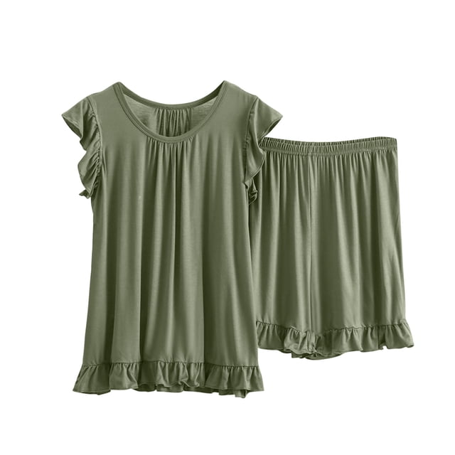 AherBiu Ensembles de Pyjama Grande Taille pour Femmes 2 Pcs Col Ras du Cou Manches Courtes à Revers Hauts à Volants avec Shorts de Pyjama Vêtements d'Intérieur Vêtements de Nuit
