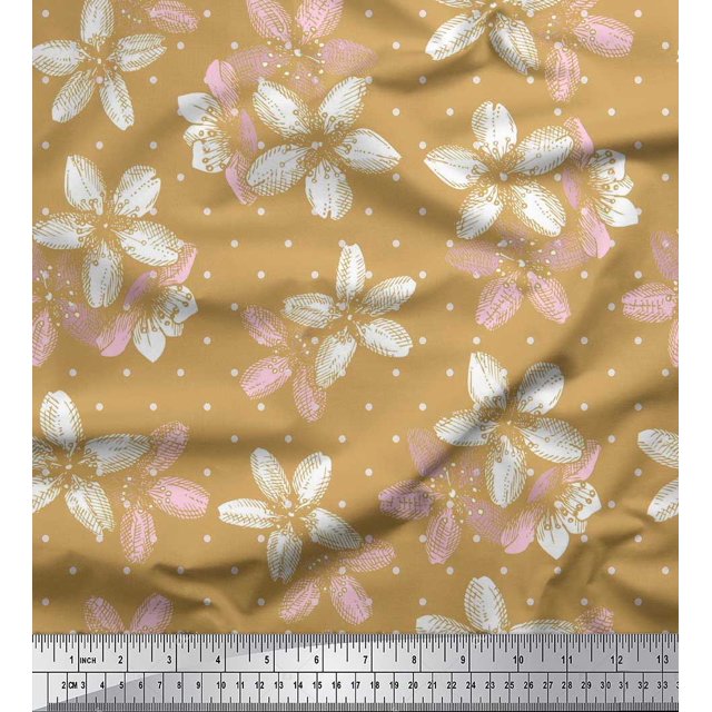Soimoi Brown polyester Crepe Fabric Dot & Floral Print Fabric by The Yard 42 Inch Wide