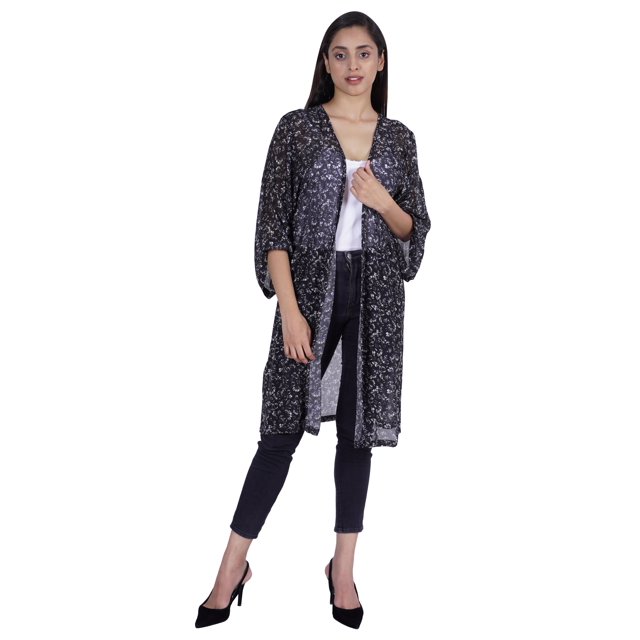 Moomaya Long Sheer Shrug Printed Open Front Beach Coverup Summer Cardigan