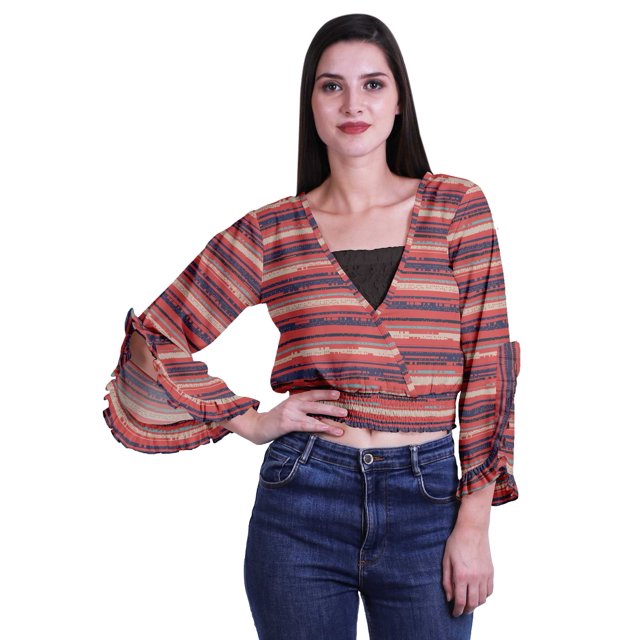 Moomaya Haut Court Imprimé pour Femmes Style Portefeuille Haut à Volants Manches Longues Blouse Décontractée d'Été