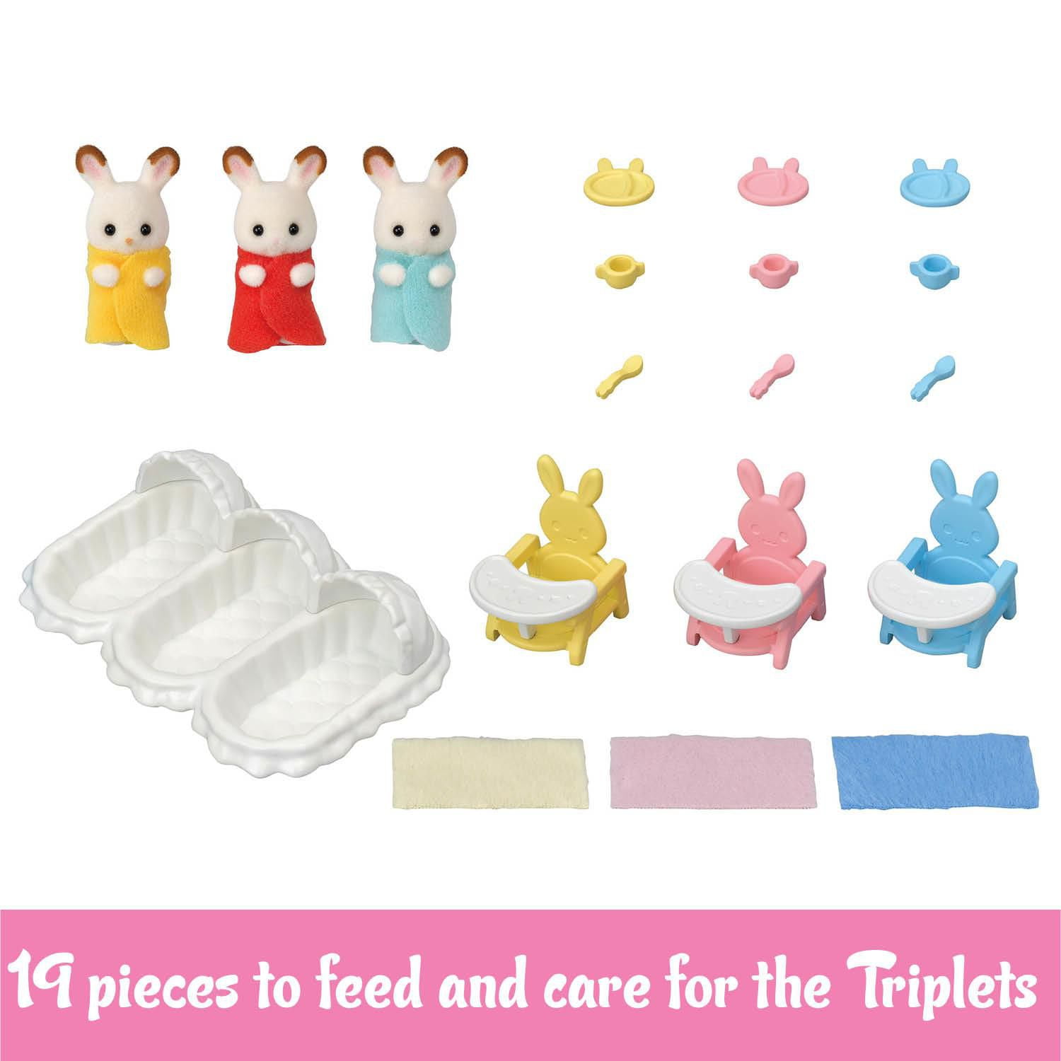 Ensemble de soins pour triplés de Calico Critters, ensemble de jeu pour maison de poupée avec accessoires et 3 figurines