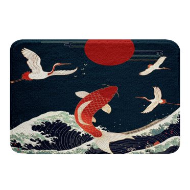 YST Tapis de Bain Style Japonais Poisson Koi Paillassons Vagues Japonaises Tapis de Sol Fleurs de Cerisier Tapis de Salle de Bain Ados 16"X24 Pouces