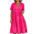 thumbnail image 2 of Meichang Robes d'Été pour Femmes 2025 Décontractées à Manches Courtes Col en V à Étages Longueur Genou Robes Trapèze Robe en Coton et Lin Fluide Tunique de Plage, 2 of 7